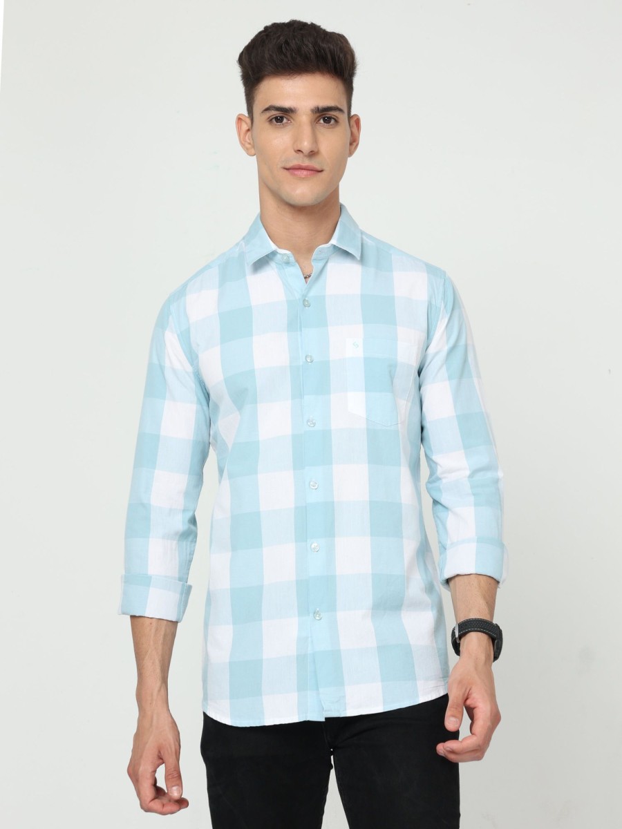 Shirts Classic Polo | Classic Polo Mens Cotton Full Sleeve Checked Slim Fit Polo Neck Blue Color Woven Shirt | So1-132 A-Fs-Chk