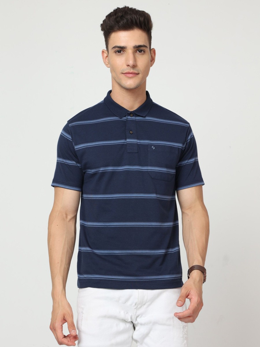 T-Shirts Classic Polo | Classic Polo Mens Pure Cotton Half Sleeve Striped Regular Fit Polo Neck Navy Color T Shirt | F-Avon - 109 B