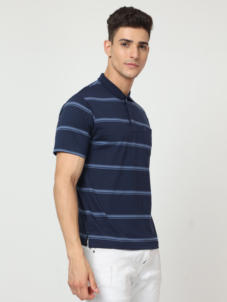 T-Shirts Classic Polo | Classic Polo Mens Pure Cotton Half Sleeve Striped Regular Fit Polo Neck Navy Color T Shirt | F-Avon - 109 B