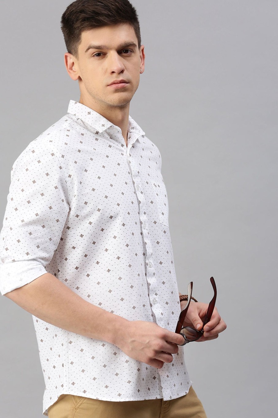 Shirts Classic Polo | Classic Polo Men'S Cotton Full Sleeve Printed Slim Fit Polo Neck White Color Woven Shirt | So1-25 A