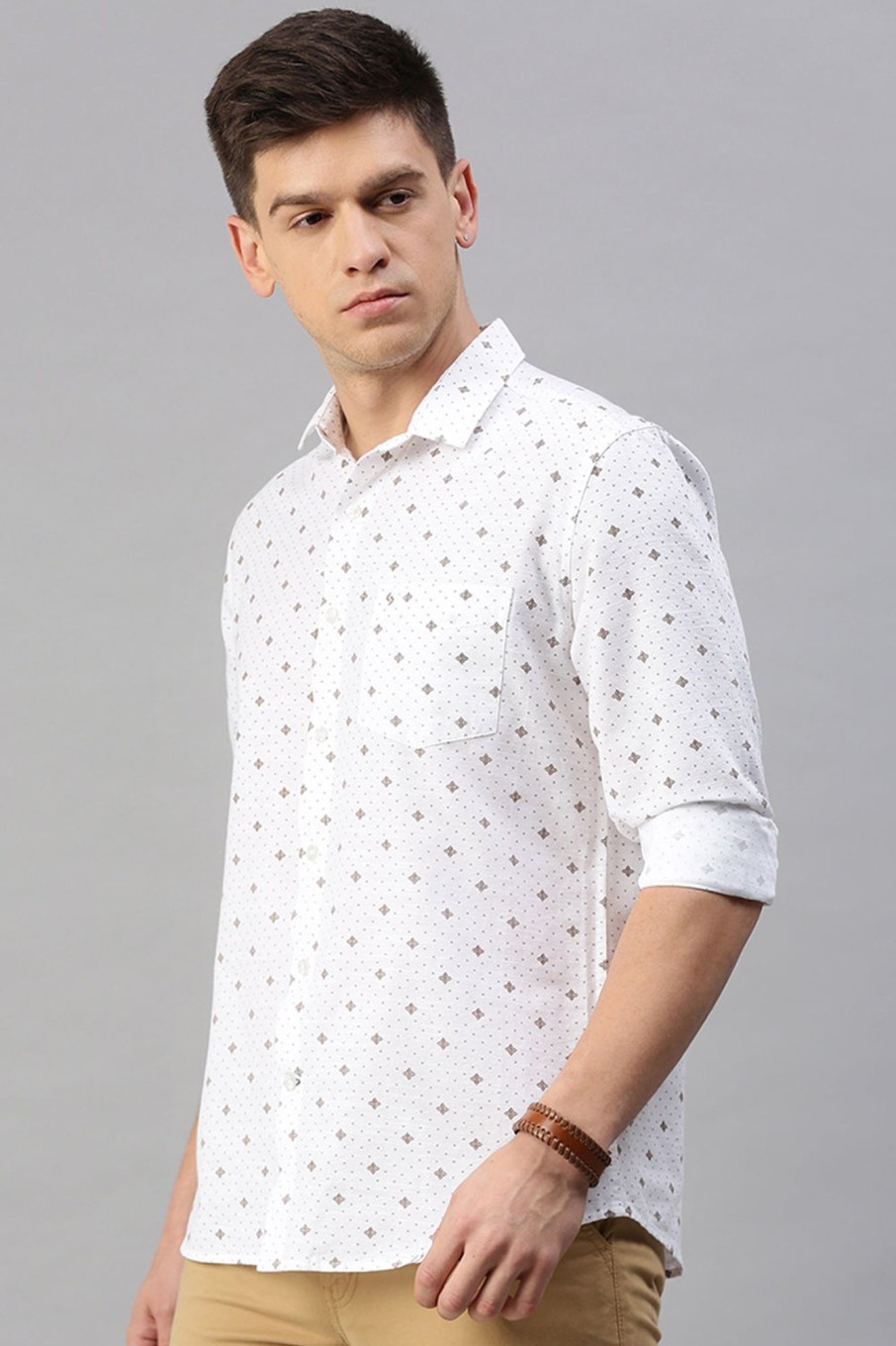 Shirts Classic Polo | Classic Polo Men'S Cotton Full Sleeve Printed Slim Fit Polo Neck White Color Woven Shirt | So1-25 A