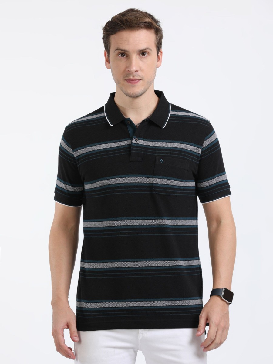 T-Shirts Classic Polo | Classic Polo Mens Cotton Half Sleeves Striped Slim Fit Polo Neck Black Color T-Shirt | Adore - 209 B Sf P