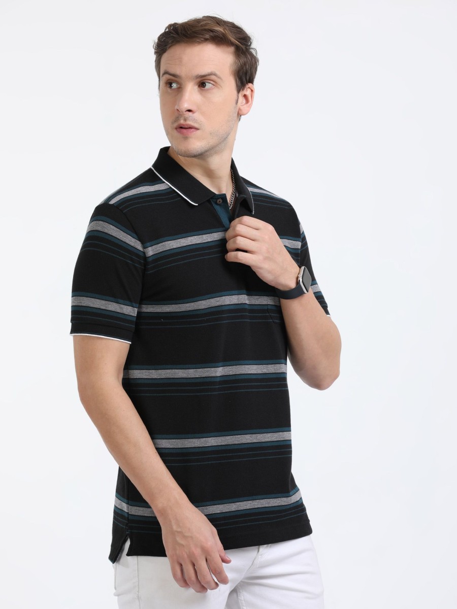 T-Shirts Classic Polo | Classic Polo Mens Cotton Half Sleeves Striped Slim Fit Polo Neck Black Color T-Shirt | Adore - 209 B Sf P