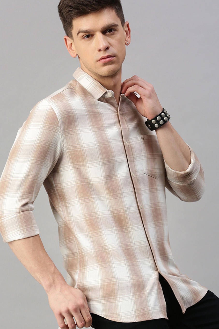 Shirts Classic Polo | Classic Polo Men'S Cotton Full Sleeve Checked Slim Fit Polo Neck Brown Color Woven Shirt | So1-126 A