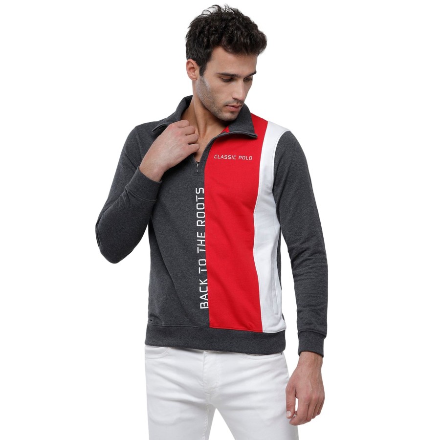 T-Shirts Classic Polo | Classic Polo Men'S Color Block Full Sleeve Red & Grey Polo Neck Sweat Shirt - Cpss-331A