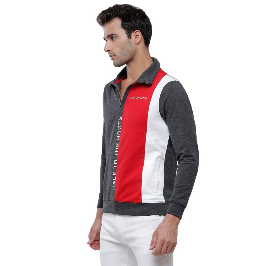 T-Shirts Classic Polo | Classic Polo Men'S Color Block Full Sleeve Red & Grey Polo Neck Sweat Shirt - Cpss-331A