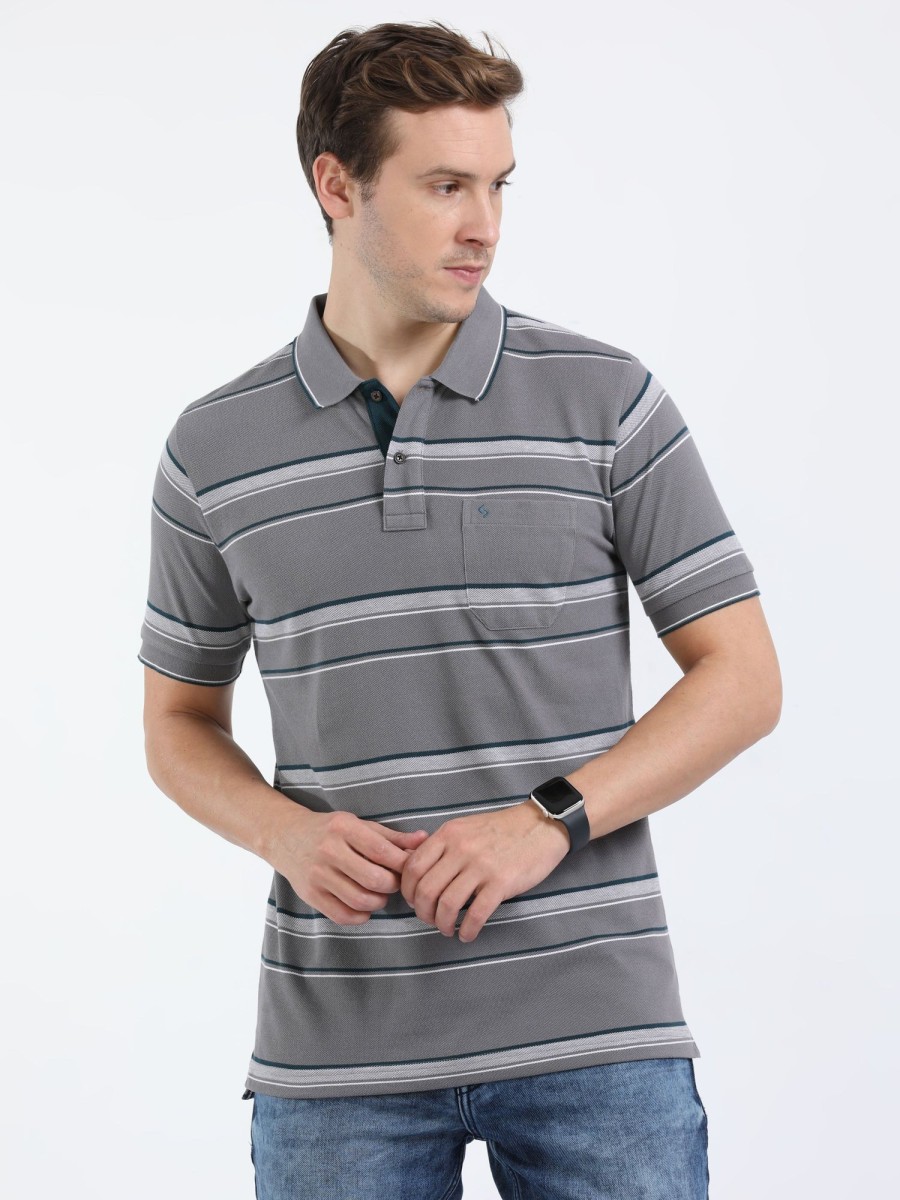 T-Shirts Classic Polo | Classic Polo Mens Cotton Half Sleeves Striped Slim Fit Polo Neck Grey Color T-Shirt | Adore - 207 A Sf P