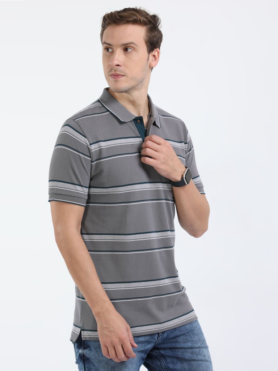 T-Shirts Classic Polo | Classic Polo Mens Cotton Half Sleeves Striped Slim Fit Polo Neck Grey Color T-Shirt | Adore - 207 A Sf P