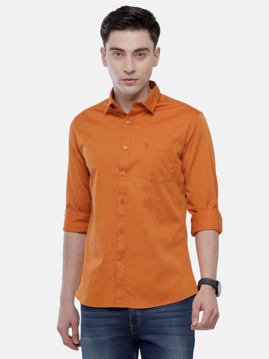 Shirts Classic Polo | Classic Polo Men'S Cotton Rust Orange Solid Full Sleeve Shirt - Zeus Rust