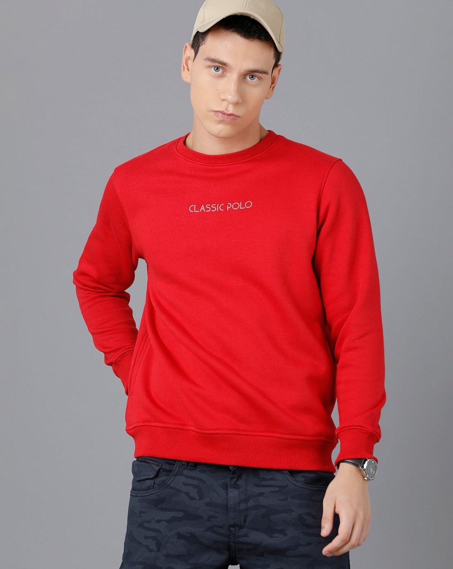 T-Shirts Classic Polo | Classic Polo Mens Cotton Blend Full Sleeve Solid Slim Fit Red Color Round Neck Sweat Shirt | Cpss - 414 E