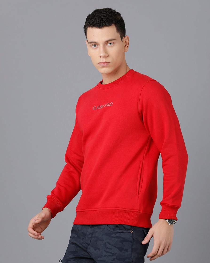 T-Shirts Classic Polo | Classic Polo Mens Cotton Blend Full Sleeve Solid Slim Fit Red Color Round Neck Sweat Shirt | Cpss - 414 E