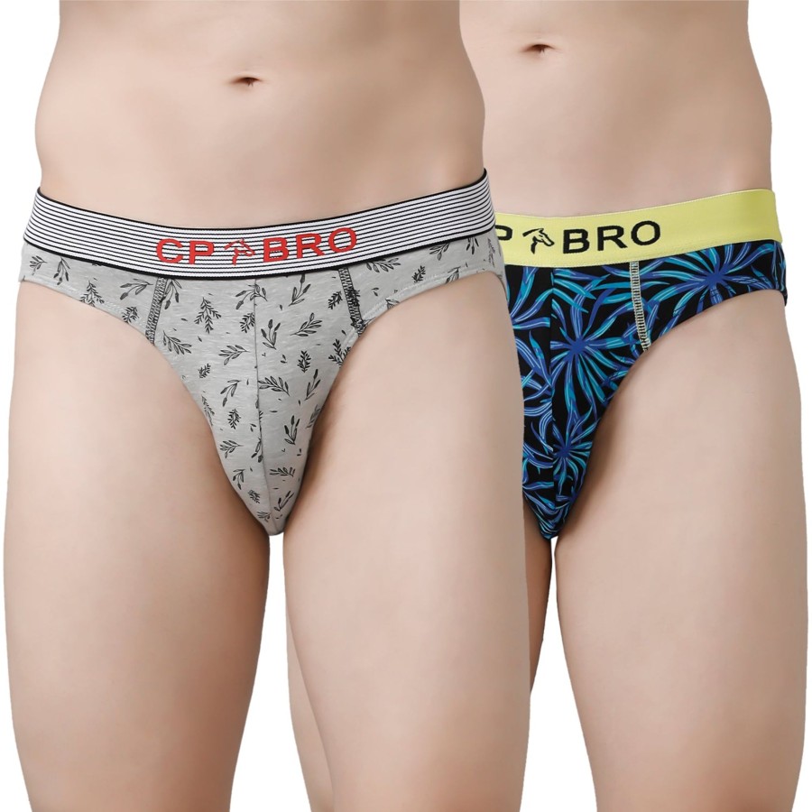 Innerwear CP BRO | Cp Bro Men'S Printed Briefs With Exposed Waistband Value Pack - Grey & Blue Leaf (Pack Of 2)