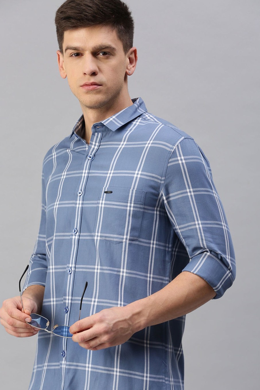 Shirts Classic Polo | Classic Polo Men'S Cotton Full Sleeve Checked Slim Fit Polo Neck Blue Color Woven Shirt | So1-122 A