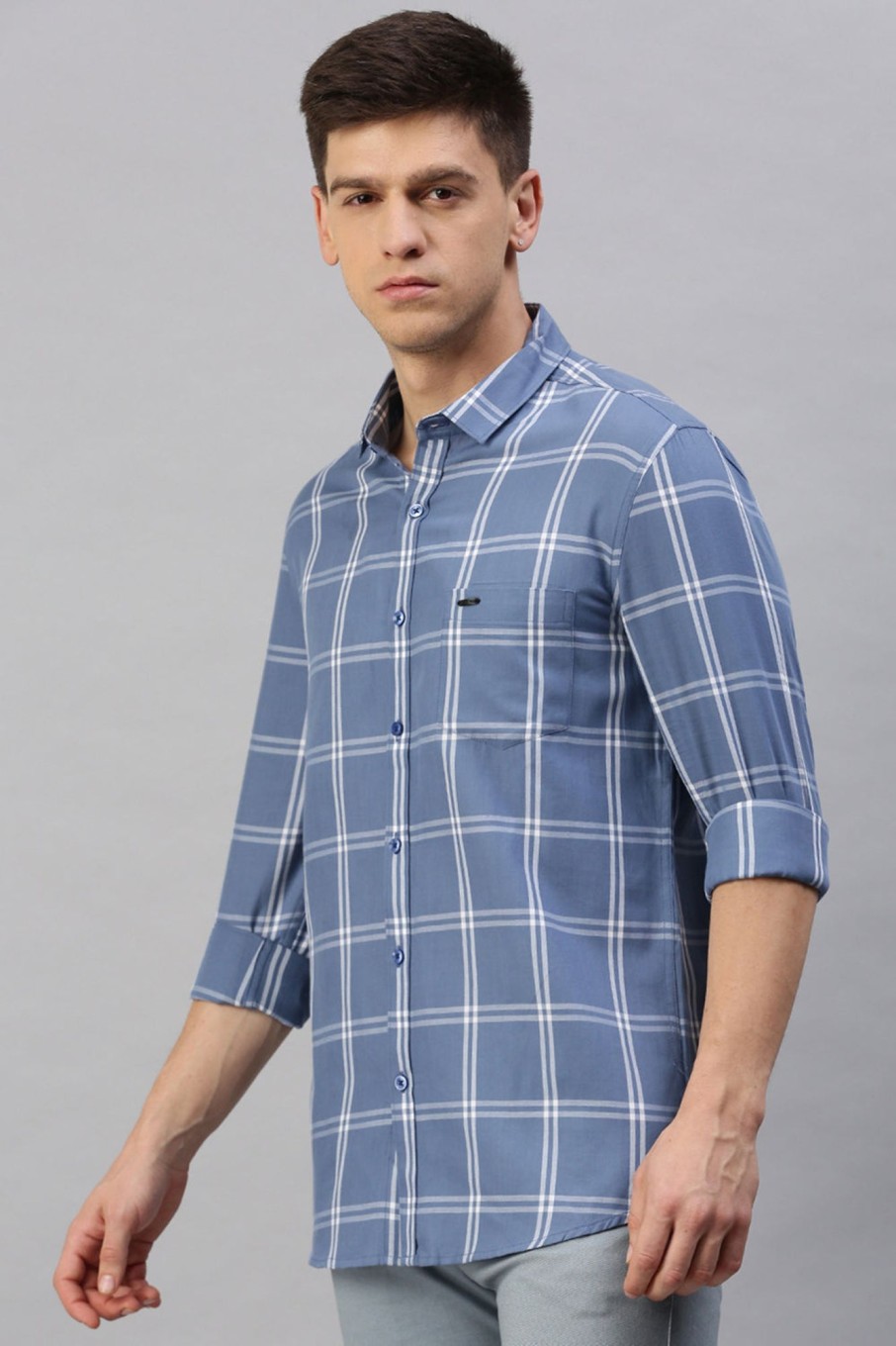 Shirts Classic Polo | Classic Polo Men'S Cotton Full Sleeve Checked Slim Fit Polo Neck Blue Color Woven Shirt | So1-122 A