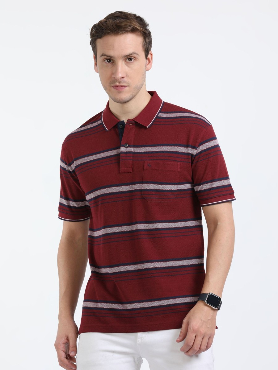 T-Shirts Classic Polo | Classic Polo Mens Cotton Half Sleeves Striped Slim Fit Polo Neck Brown Color T-Shirt | Adore - 209 A Sf P