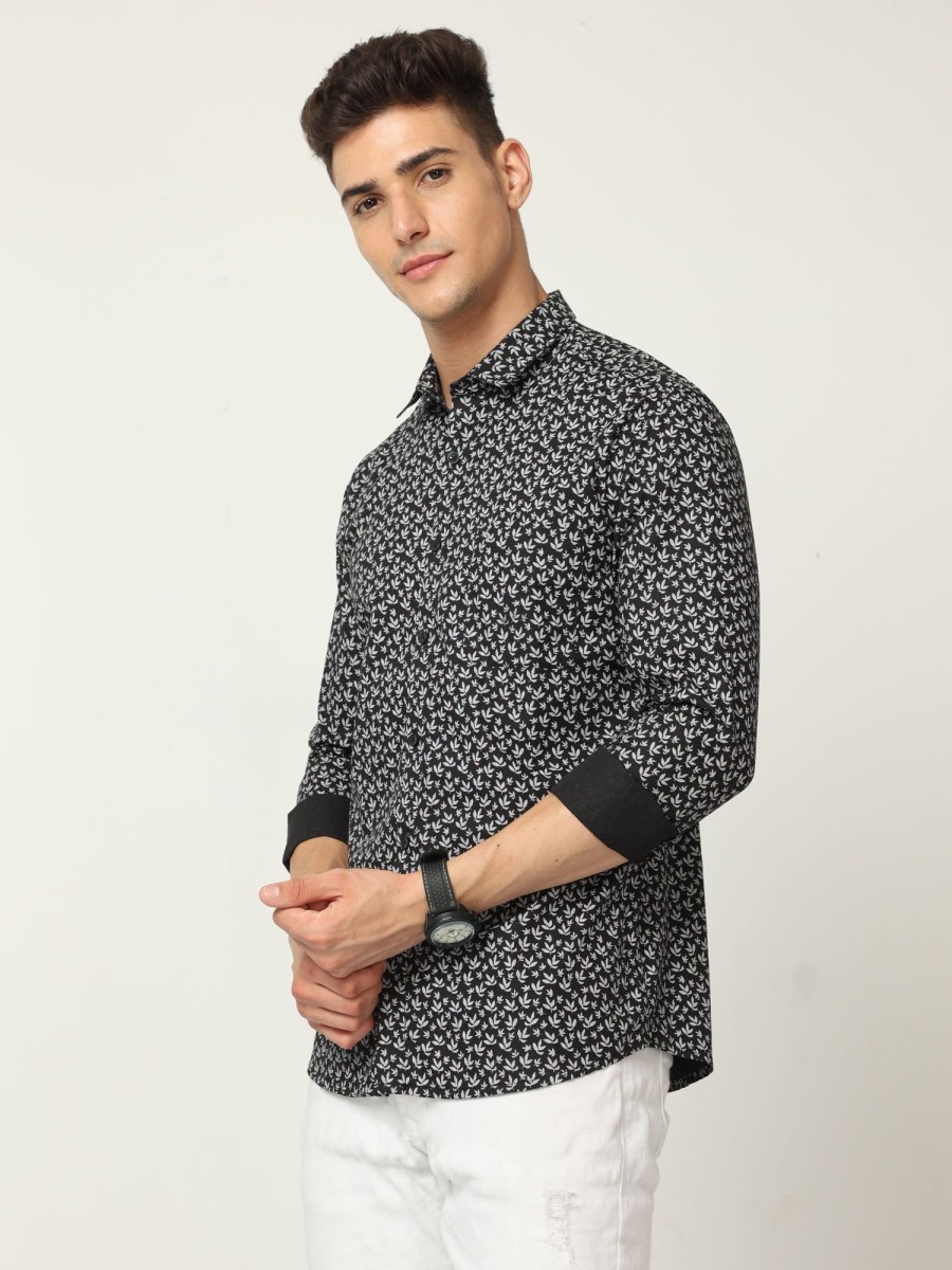 Shirts Classic Polo | Classic Polo Mens Cotton Full Sleeve Printed Slim Fit Polo Neck Black Color Woven Shirt | So1-169 B-Fs-Prt