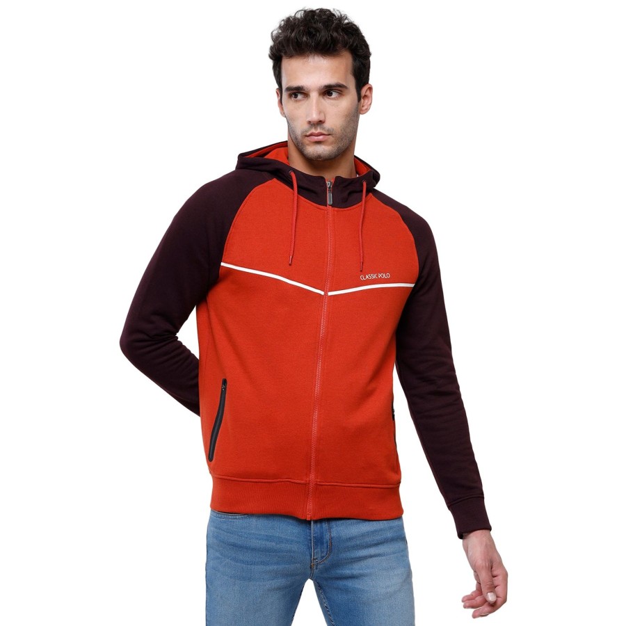 T-Shirts Classic Polo | Classic Polo Men'S Color Block Full Sleeve Red & Black Hooded Sweat Shirt - Cpss-331B