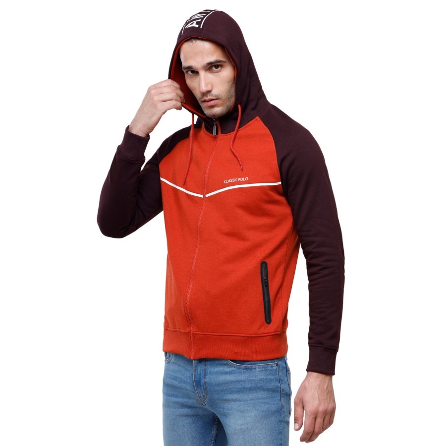 T-Shirts Classic Polo | Classic Polo Men'S Color Block Full Sleeve Red & Black Hooded Sweat Shirt - Cpss-331B