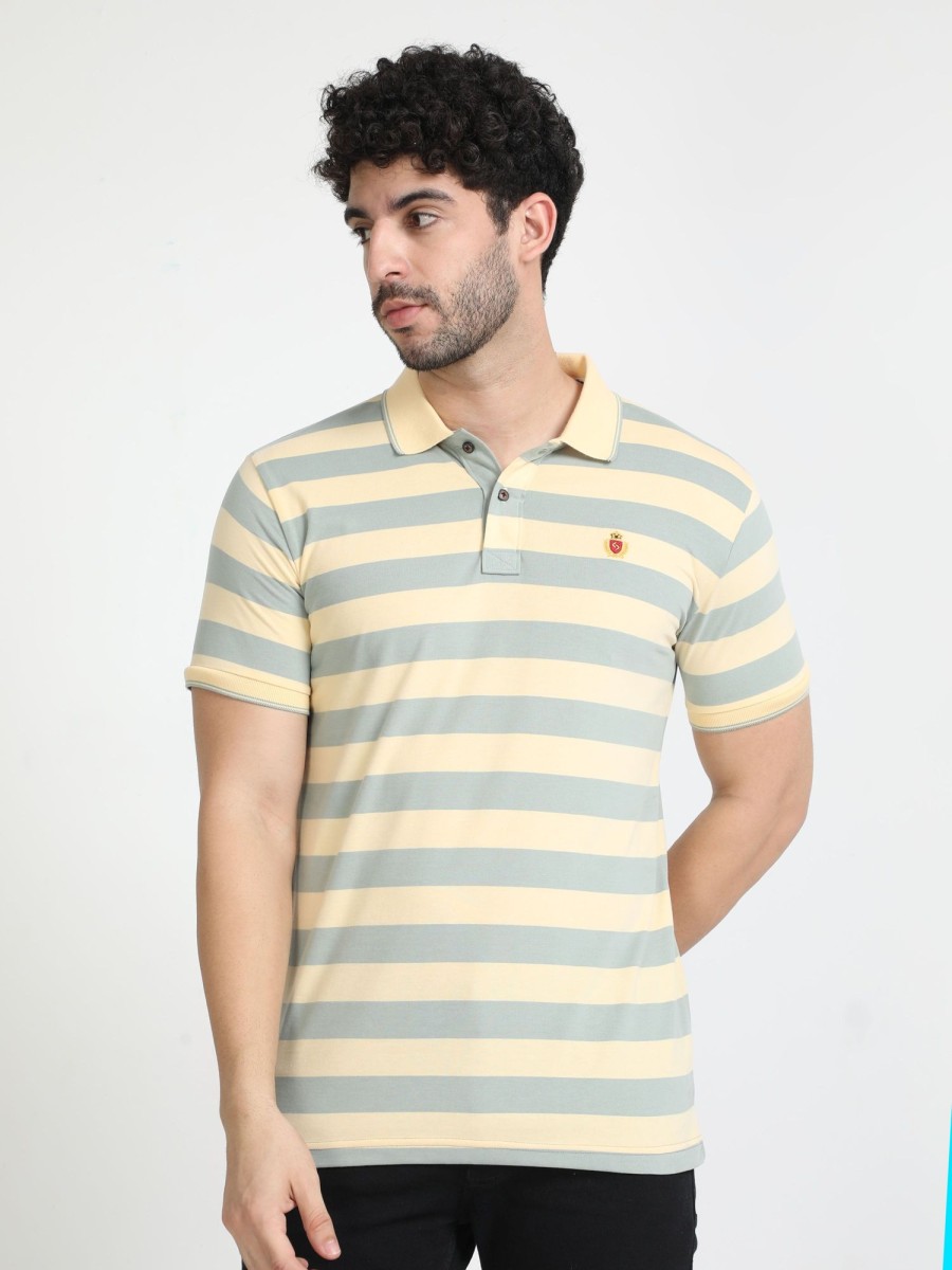 T-Shirts Classic Polo | Classic Polo Mens Cotton Half Sleeves Striped Slim Fit Polo Neck Cream Color T-Shirt | Cpeg - 308 B Sf P