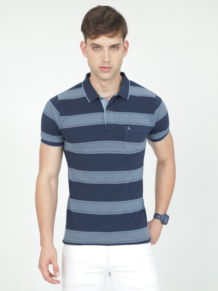 T-Shirts Classic Polo | Classic Polo Mens Casual Navy Blue Striped Cotton T-Shirt | F-Adore - 110 A Sf P