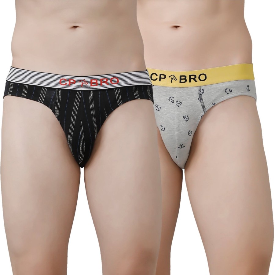 Innerwear CP BRO | Cp Bro Men'S Printed Briefs With Exposed Waistband Value Pack - Black Stripe & Grey Anchor (Pack Of 2)