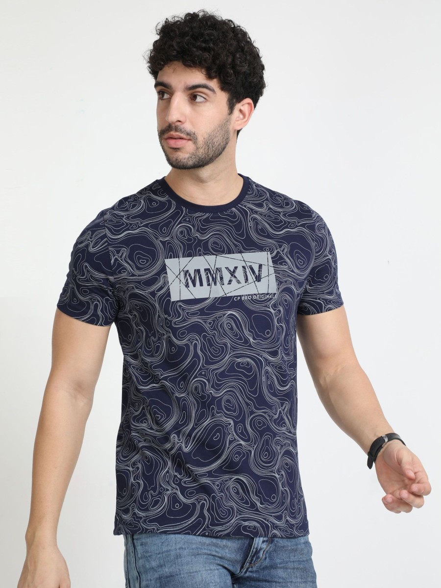 T-Shirts Classic Polo | Classic Polo Mens Cotton Half Sleeves Floral Slim Fit Crew Neck Navy Blue Color T-Shirt | Brcn - 556 B Sf C