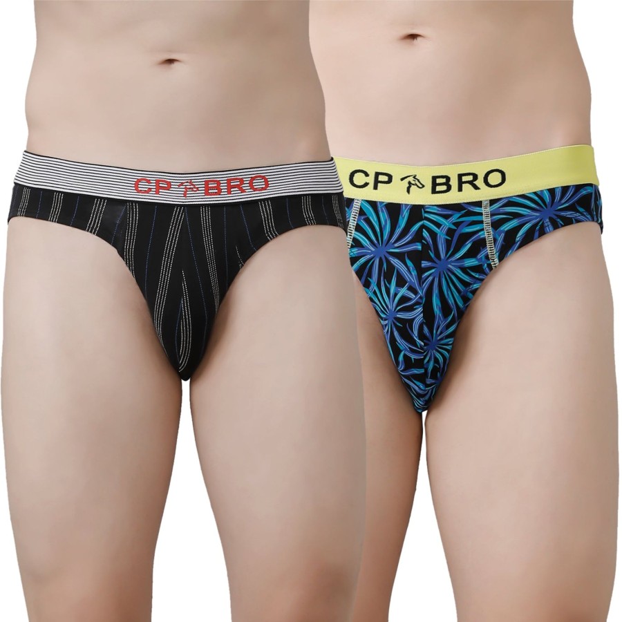 Innerwear CP BRO | Cp Bro Men'S Printed Briefs With Exposed Waistband Value Pack - Black Stripe & Blue Leaf (Pack Of 2)