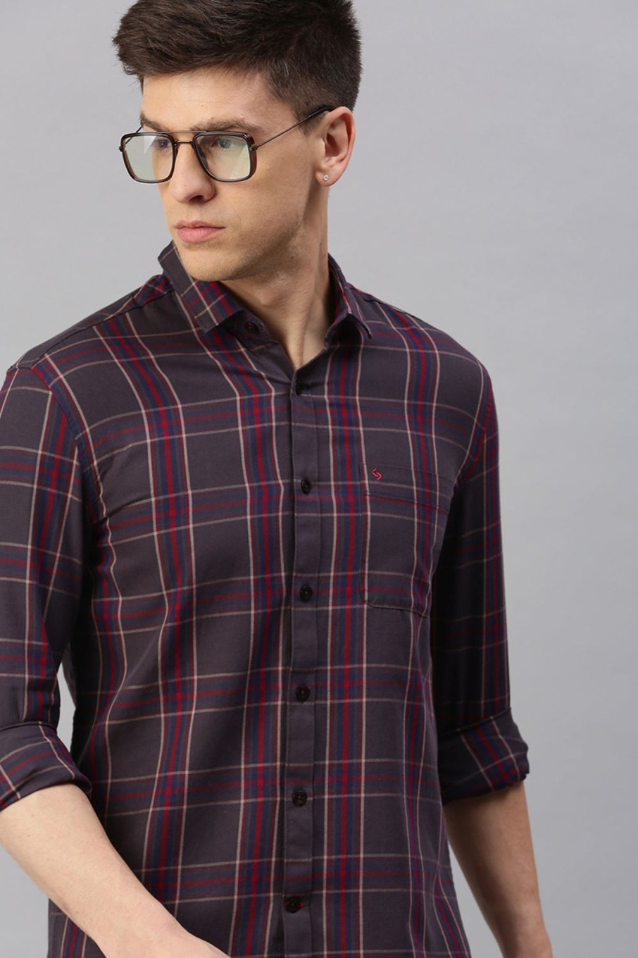 Shirts Classic Polo | Classic Polo Men'S Cotton Full Sleeve Checked Slim Fit Polo Neck Maroon Color Woven Shirt | So1-02 B