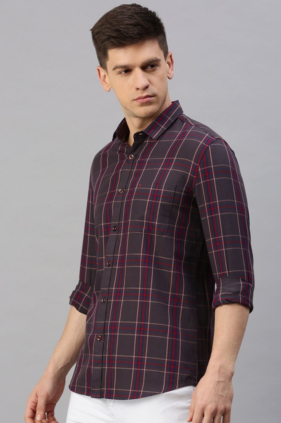 Shirts Classic Polo | Classic Polo Men'S Cotton Full Sleeve Checked Slim Fit Polo Neck Maroon Color Woven Shirt | So1-02 B