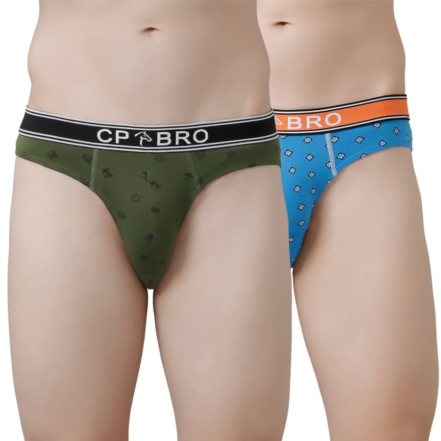 Innerwear CP BRO | Cp Bro Men'S Printed Briefs With Exposed Waistband Value Pack - Olive Green & Blue (Pack Of 2)