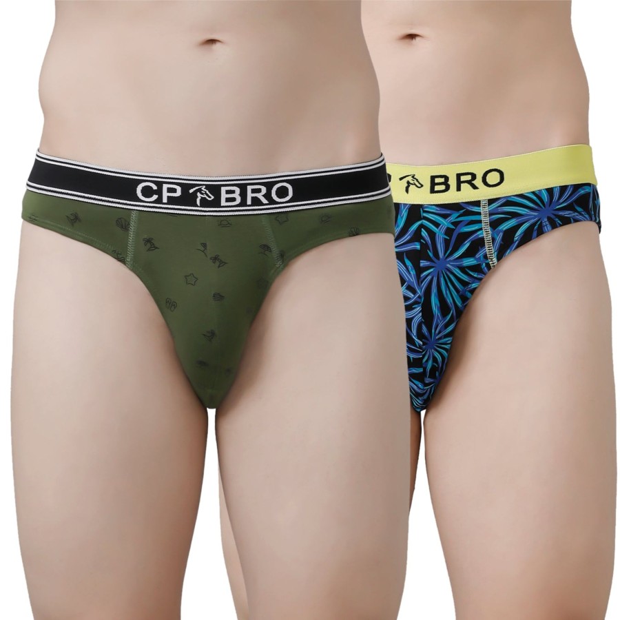 Innerwear CP BRO | Cp Bro Men'S Printed Briefs With Exposed Waistband Value Pack - Olive Green & Blue Leaf (Pack Of 2)