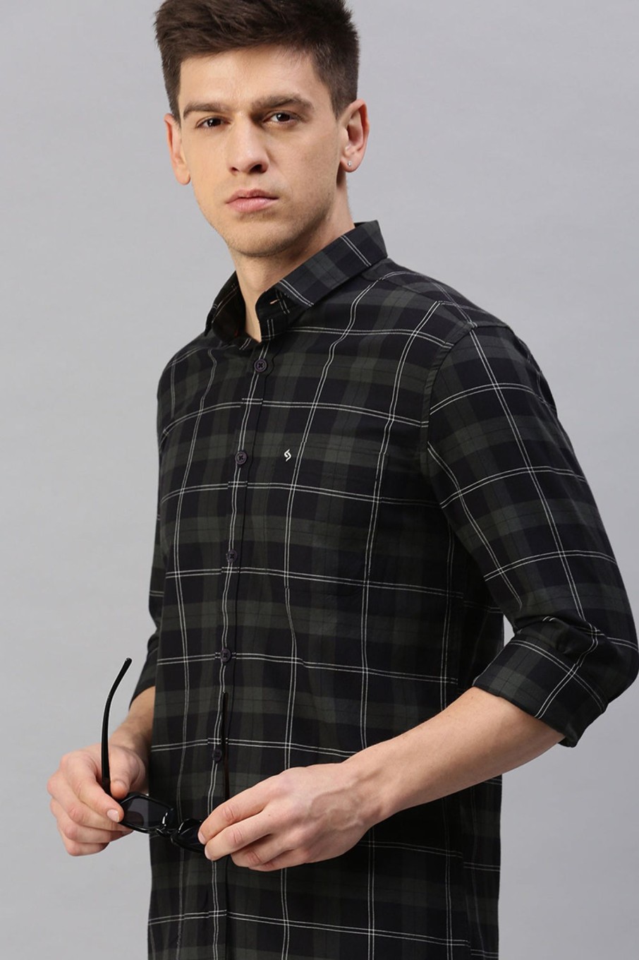 Shirts Classic Polo | Classic Polo Men'S Cotton Full Sleeve Checked Slim Fit Polo Neck Black Color Woven Shirt | So1-06 B