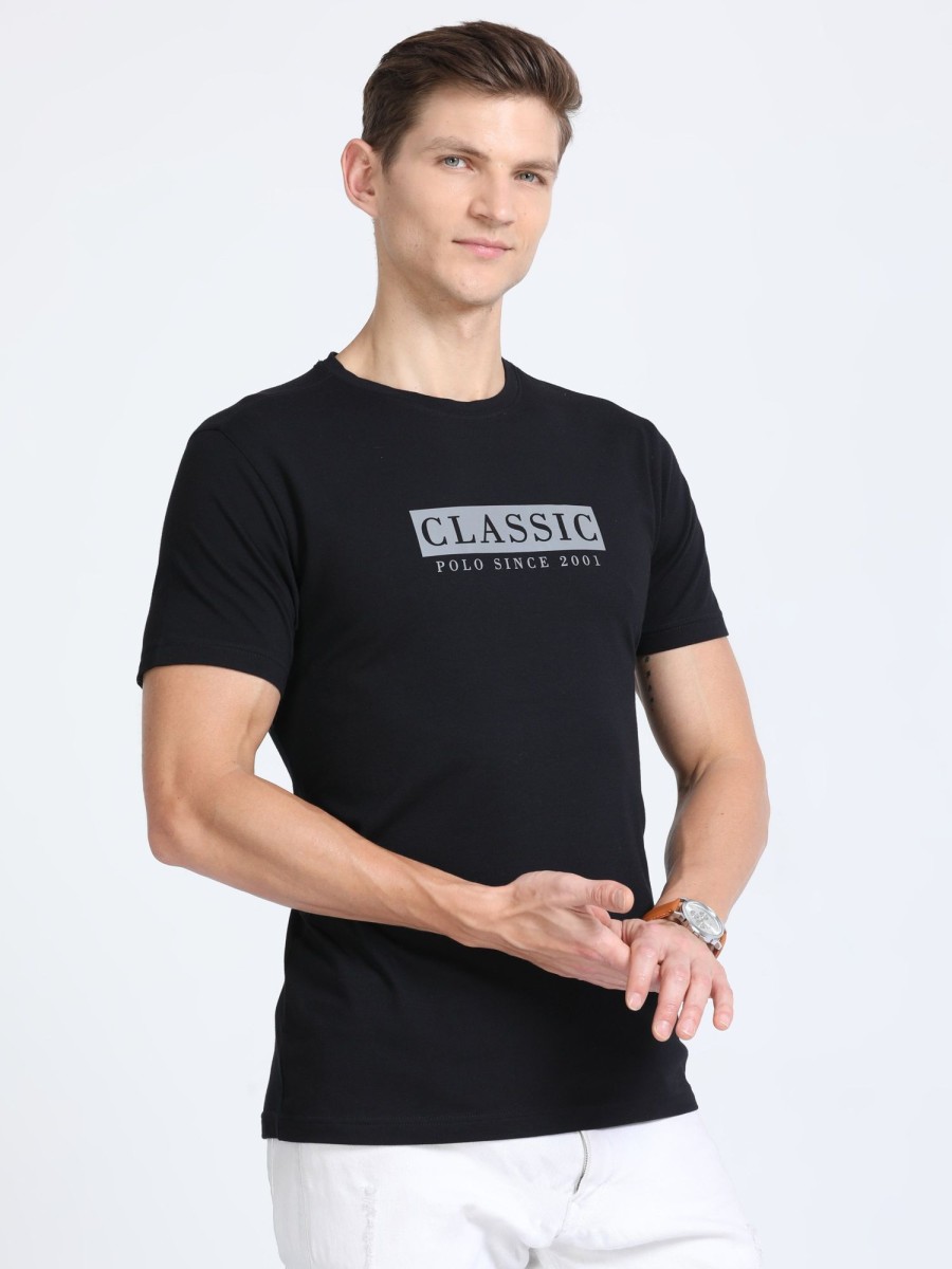 T-Shirts Classic Polo | Classic Polo Mens Cotton Half Sleeves Printed Slim Fit Crew Neck Black Color T-Shirt | Baleno - 564 A Sf C