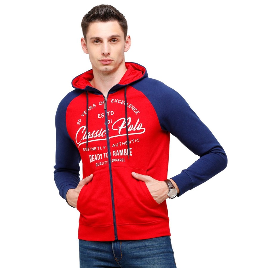 T-Shirts Classic Polo | Classic Polo Men'S Printed Full Sleeve Red & Blue Hood Sweat Shirt - Cpss-327A