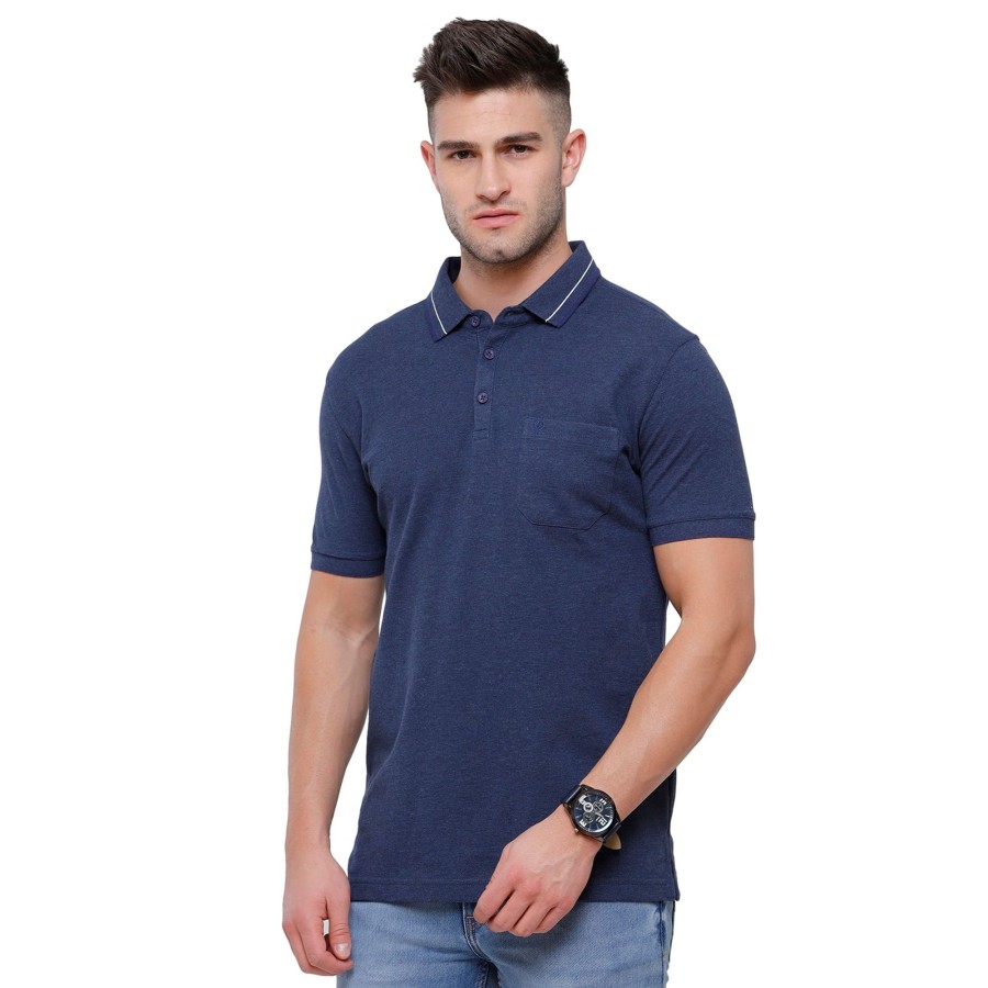 T-Shirts Classic Polo | Classic Polo Men'S Denim Blue Melange Polo Half Sleeve Slim Fit T-Shirt | Toza-Denim Mel