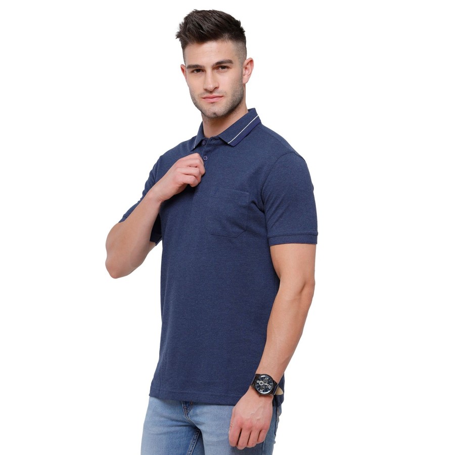 T-Shirts Classic Polo | Classic Polo Men'S Denim Blue Melange Polo Half Sleeve Slim Fit T-Shirt | Toza-Denim Mel