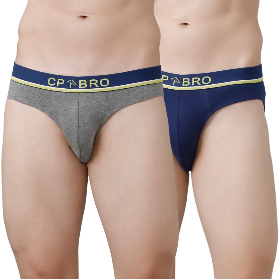 Innerwear CP BRO | Cp Bro Men'S Solid Briefs With Exposed Waistband Value Pack - Grey & Navy (Pack Of 2)