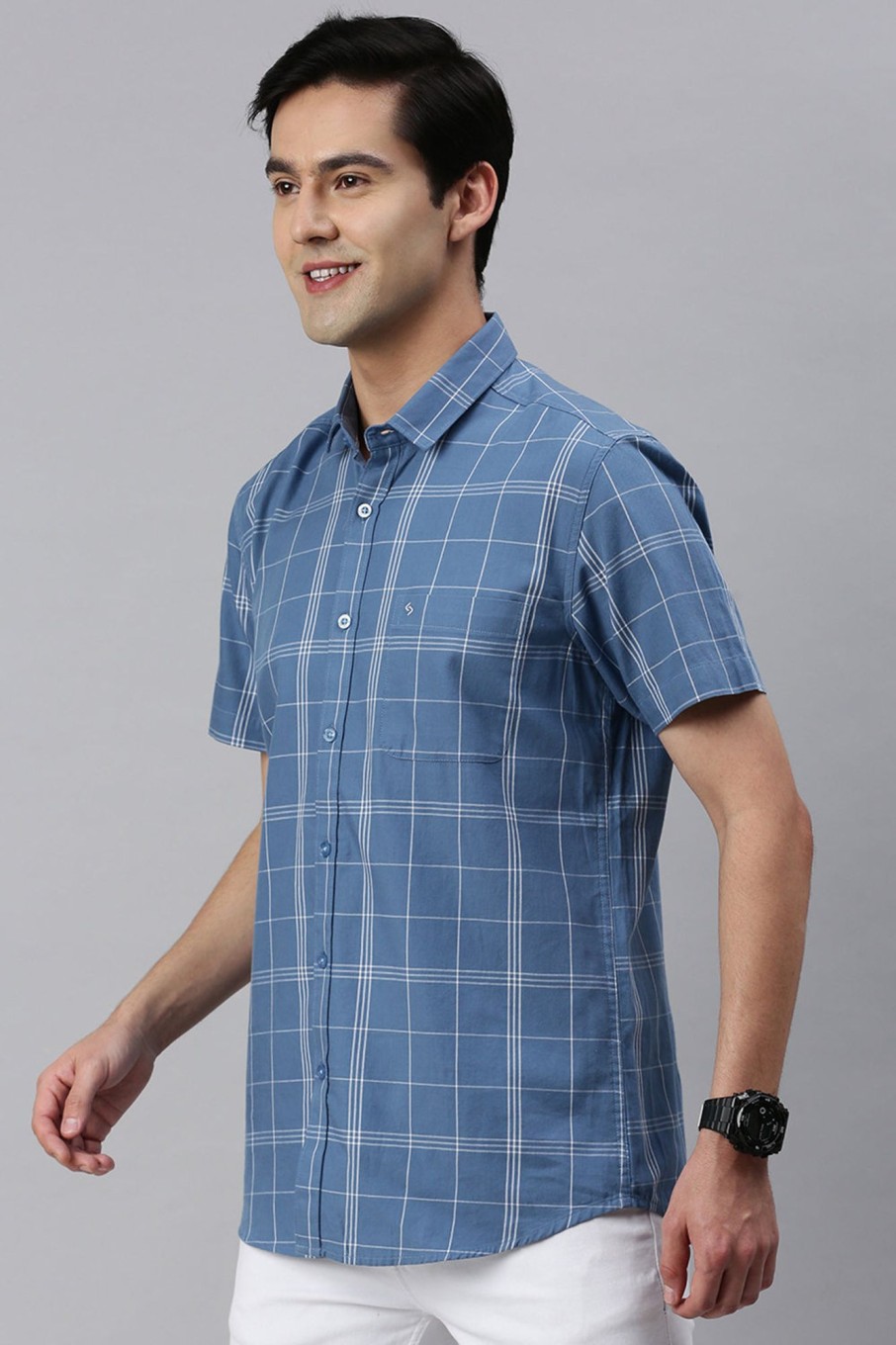 Shirts Classic Polo | Classic Polo Men'S Cotton Half Sleeve Checked Slim Fit Polo Neck Blue Color Woven Shirt | So1-92 B