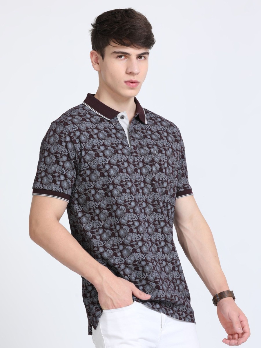 T-Shirts Classic Polo | Classic Polo Mens Pure Cotton Half Sleeves Floral Slim Fit Polo Neck Black Color T-Shirt | Beau - 219 B Sf P