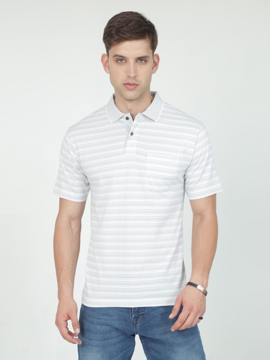 T-Shirts Classic Polo | Classic Polo Mens Cotton Half Sleeves Striped Authentic Fit Polo Neck Grey Color T-Shirt | Feeders-233 A Af P