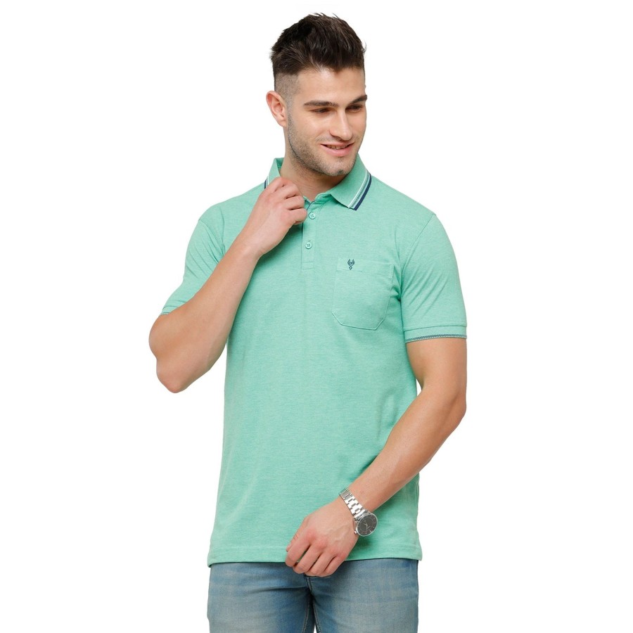 T-Shirts Classic Polo | Classic Polo Men'S Turquoise Melange Polo Half Sleeve Slim Fit T-Shirt | Toza-Aqua Mel