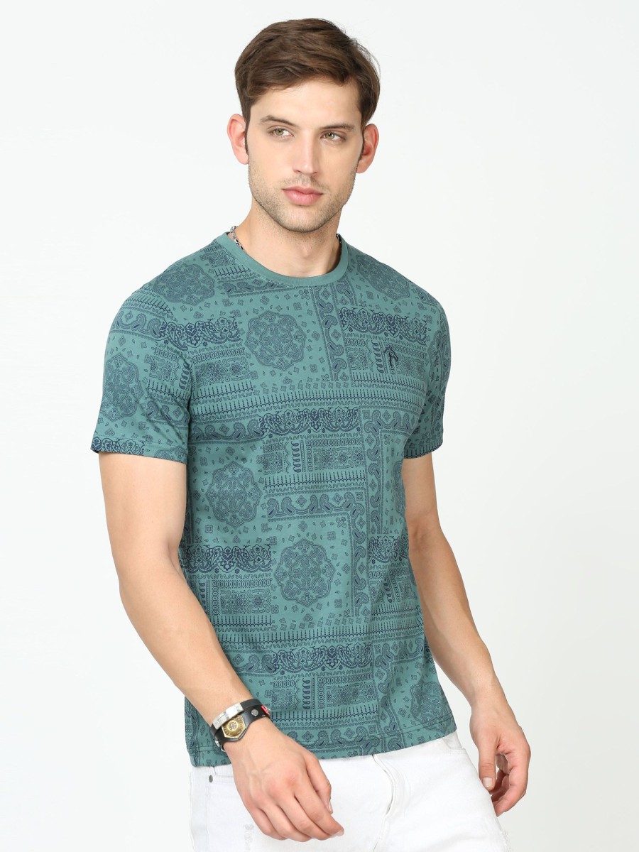 T-Shirts Classic Polo | Classic Polo Mens Cotton Half Sleeves Floral Slim Fit Crew Neck Green Color T-Shirt | Brcn - 554 B Sf C