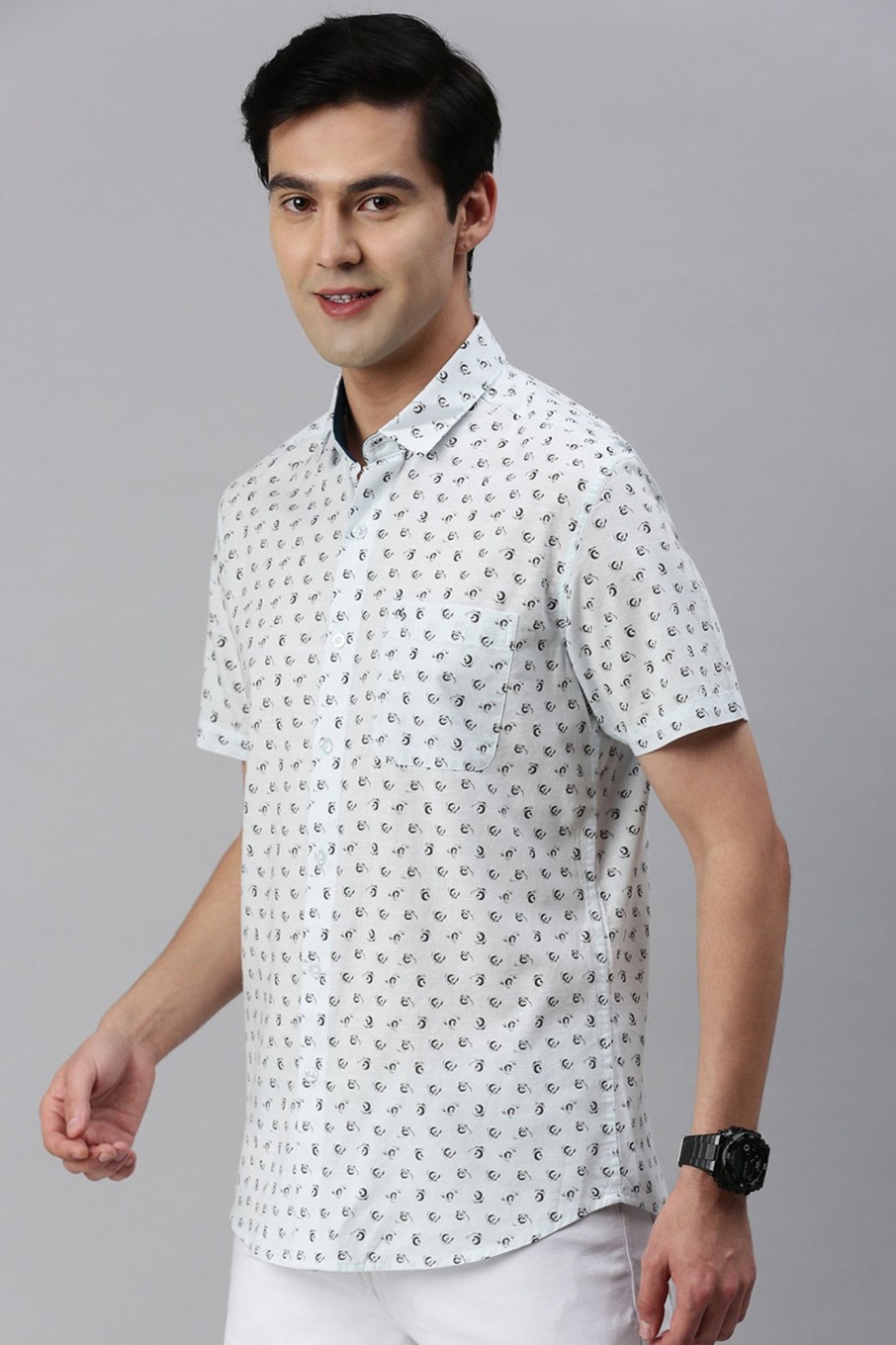 Shirts Classic Polo | Classic Polo Men'S Cotton Half Sleeve Printed Slim Fit Polo Neck White Color Woven Shirt | So1-14 A