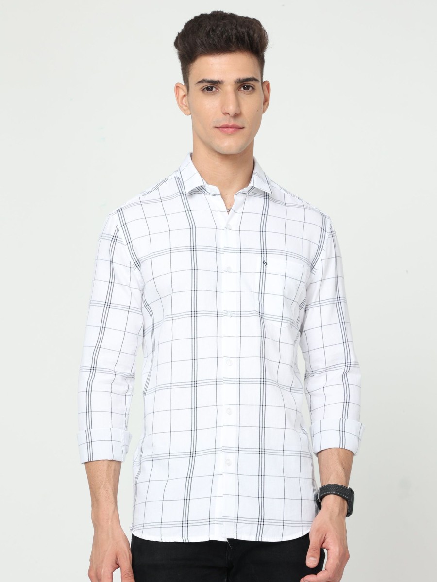 Shirts Classic Polo | Classic Polo Men'S Cotton Full Sleeve Checked Slim Fit Polo Neck White Color Woven Shirt | So1-92 A