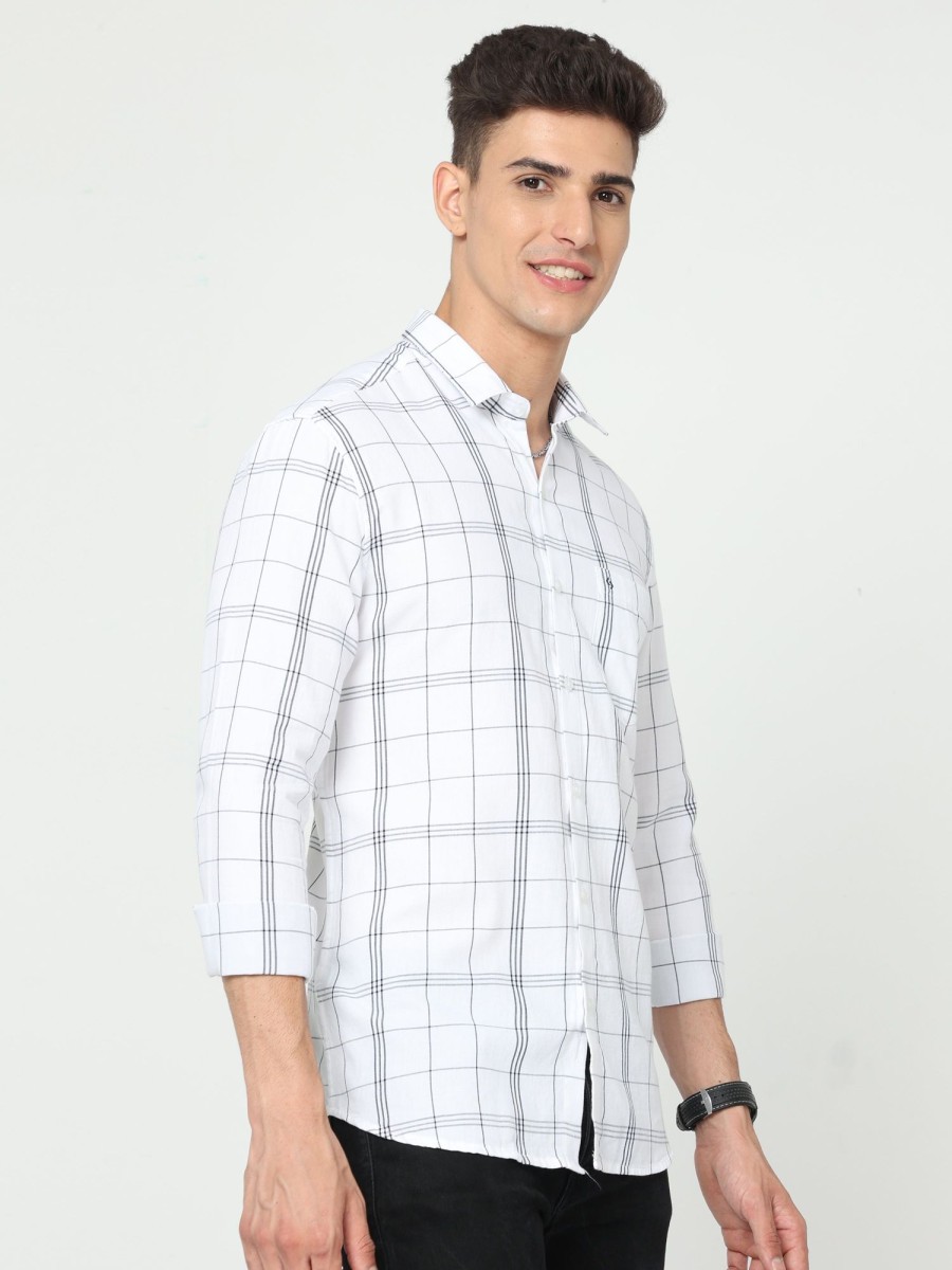 Shirts Classic Polo | Classic Polo Men'S Cotton Full Sleeve Checked Slim Fit Polo Neck White Color Woven Shirt | So1-92 A