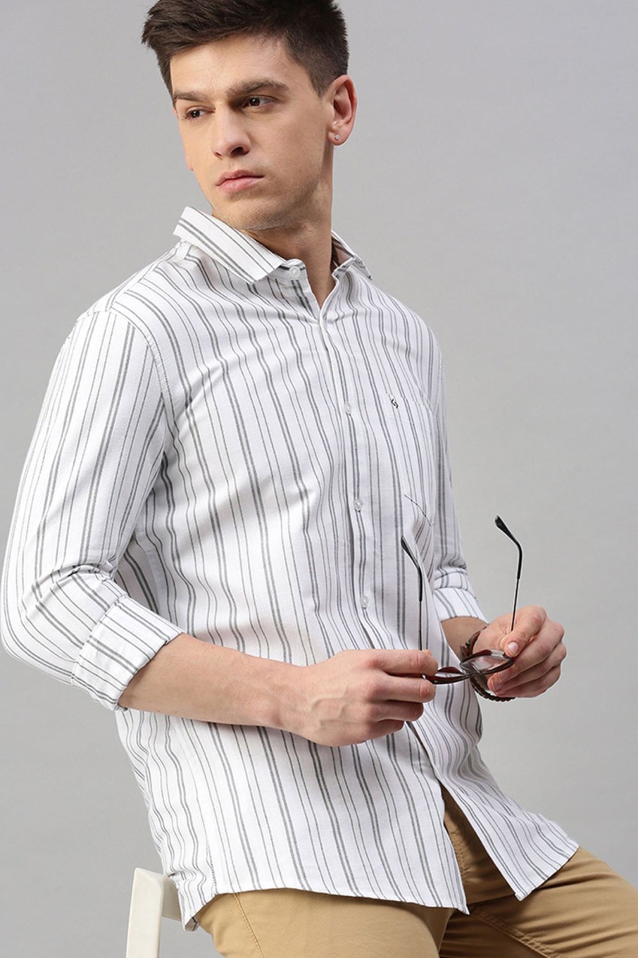 Shirts Classic Polo | Classic Polo Men'S Cotton Full Sleeve Striped Slim Fit Polo Neck White Color Woven Shirt | So1-127 A