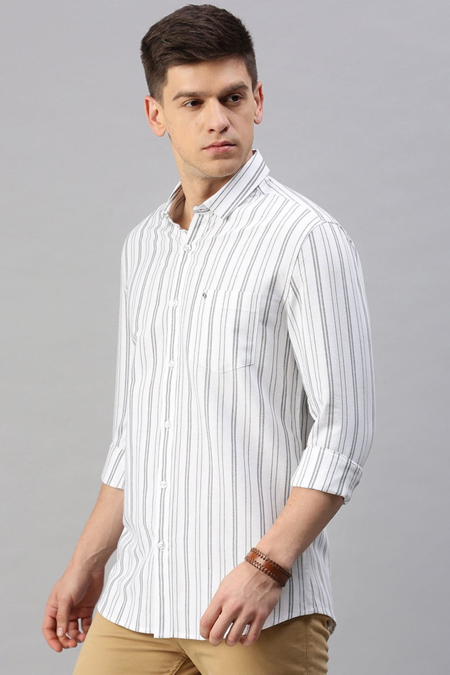 Shirts Classic Polo | Classic Polo Men'S Cotton Full Sleeve Striped Slim Fit Polo Neck White Color Woven Shirt | So1-127 A