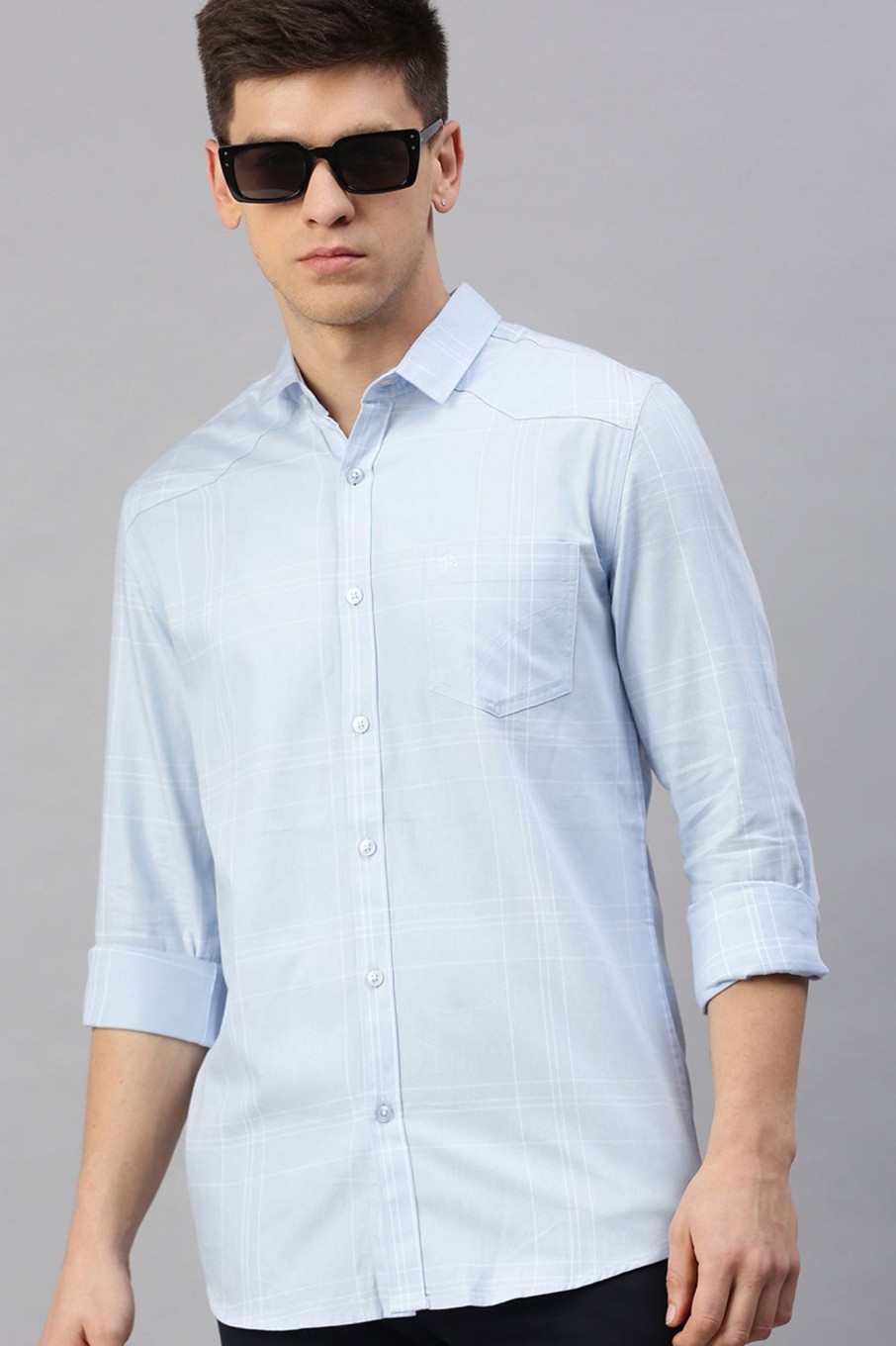 Shirts CP BRO | Cp Bro Men'S Cotton Full Sleeve Checked Slim Fit Polo Neck Light Blue Color Woven Shirt | Sbo1-43 A