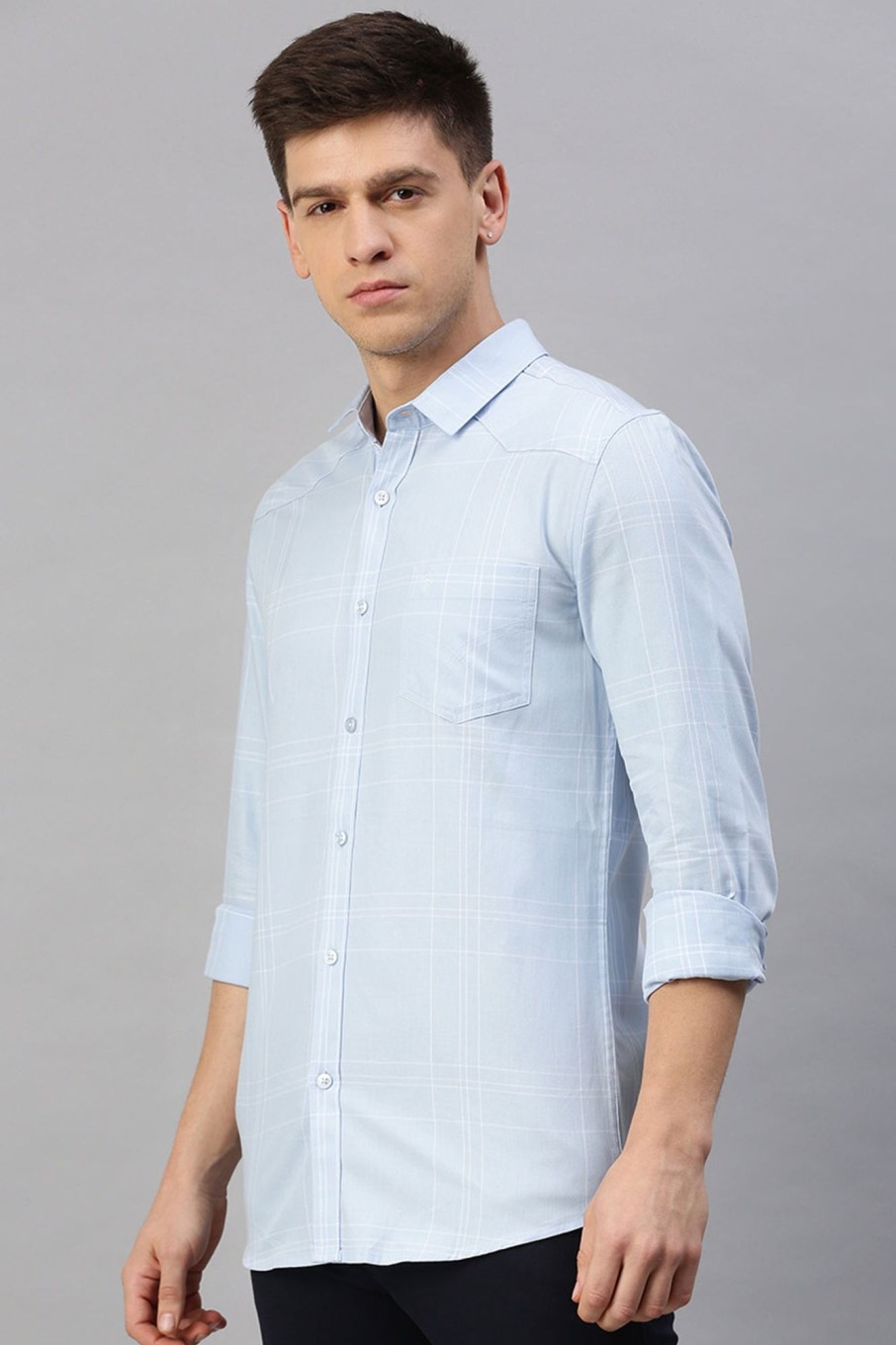 Shirts CP BRO | Cp Bro Men'S Cotton Full Sleeve Checked Slim Fit Polo Neck Light Blue Color Woven Shirt | Sbo1-43 A