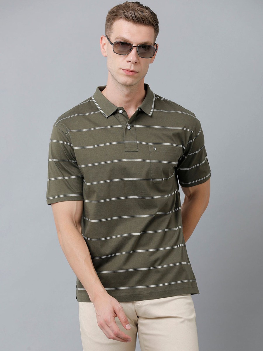 T-Shirts Classic Polo | Classic Polo Men'S Cotton Half Sleeve Striped Authentic Fit Polo Neck Olive Color T-Shirt | Ap - 85 A